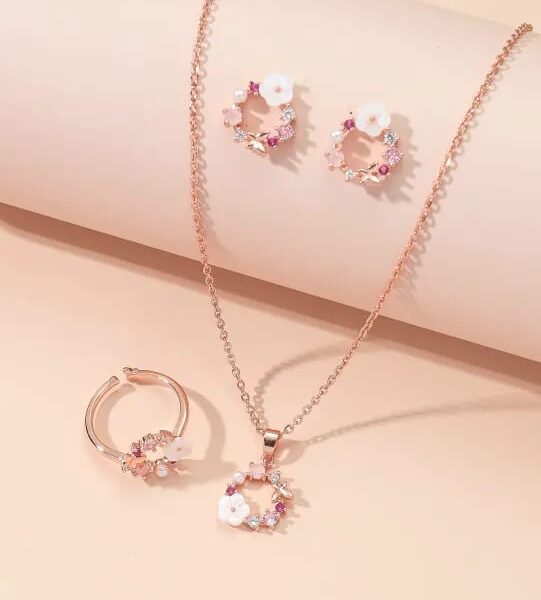 4 Pieces Rose Gold-color Lady Flower Fashion Accessories Zircon Simple Ornate Exquisite Necklace Ring Earrings Jewelry Set