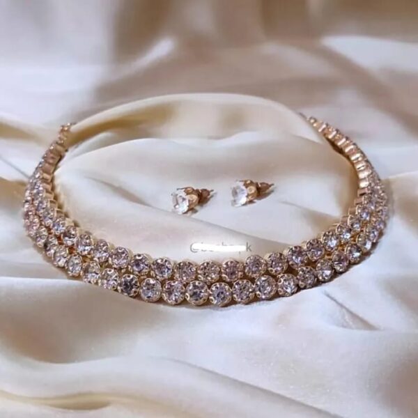 Stylish Look Double Lyer Gold With White Stones Necklace Set With White Stud Earrings